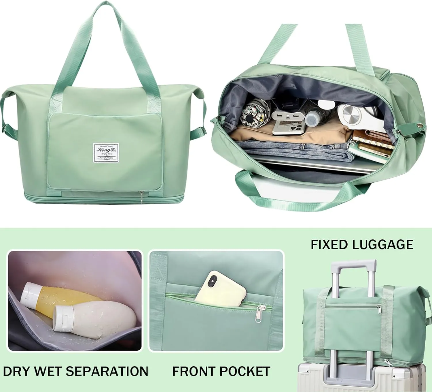 INVODA Travel Bag for Women - Expandable Weekender Overnight & Carry On Sports Tote Gym Bag - Waterproof Foldable Duffel - Green