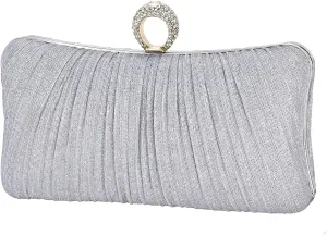 iWISH Womens Golden Glitter Clutch Purse Pleated Evening Bag for Bridal Wedding Party with Rhinestone Ring