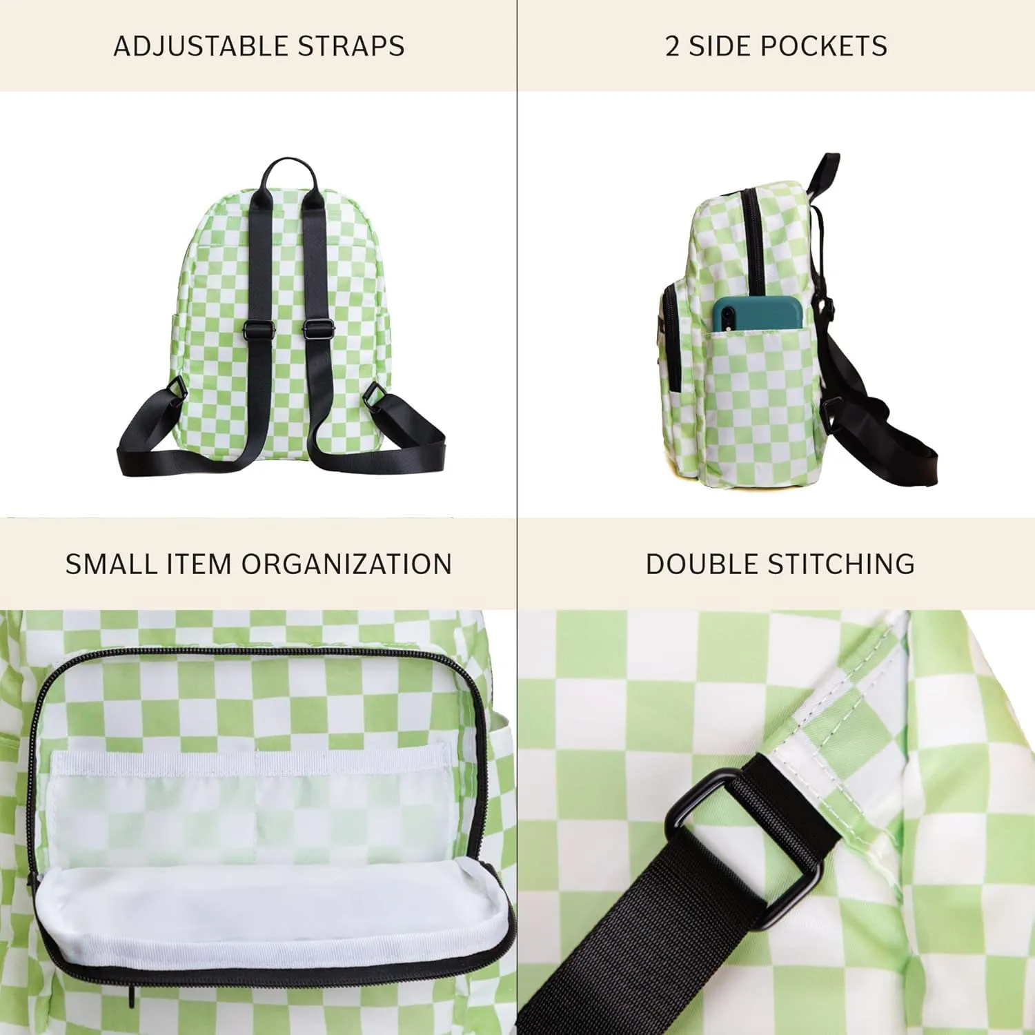 Jadyn Mini Backpack for Women, Small Backpack Purse for Women, Mini Travel Bag, 8.5 Liter Daypack, Millie Backpack with Cute Designs (Checkered Green)