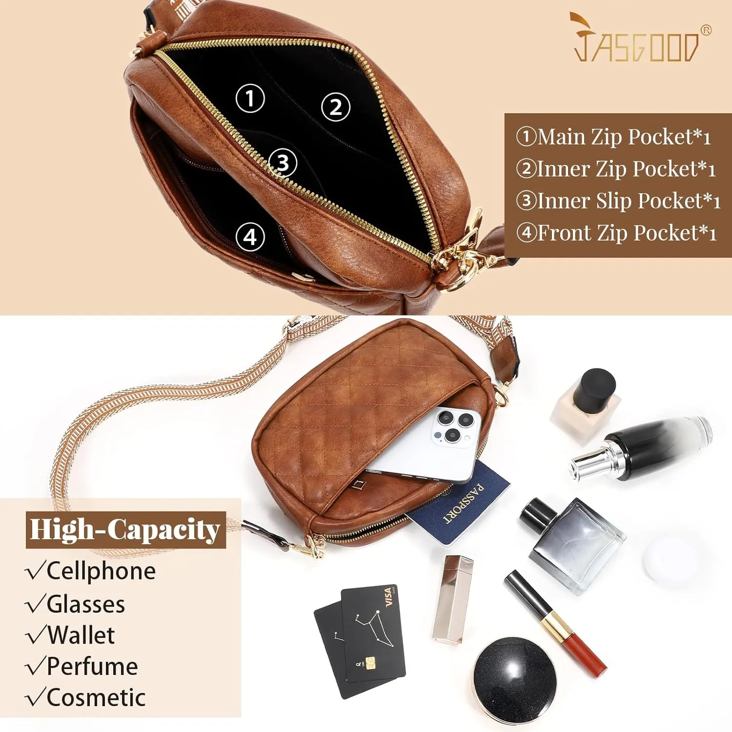 JASGOOD Crossbody Bags for Women, Leather Shoulder Purse and Handbags with Adjustable Strap