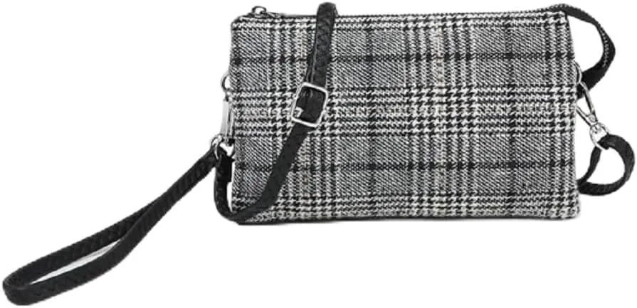 JEN & CO. Riley Plaid Black/White Crossbody Bag - Vegan Leather Trendy Wristlet Purse for Women, Pockets and Cardholders
