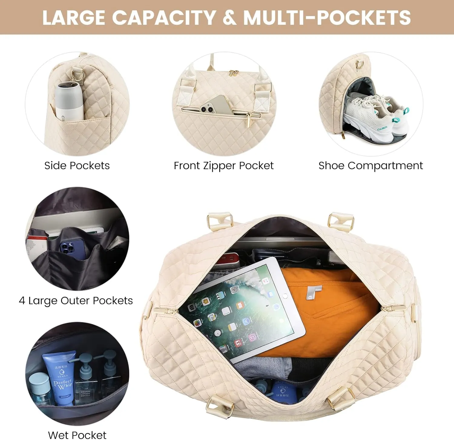 JFFD Travel Duffle Bag, Weekender Bag for Women, Carry on Overnight Bag with Shoe Compartment, Gym Duffel Bag with Wet Pocket, Mommy Hospital Bags for Labor and Delivery 3PCS