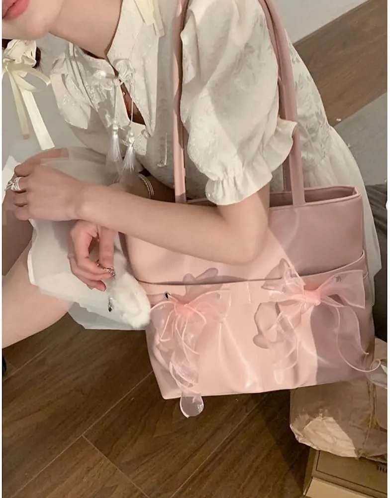 JHTPSLR Coquette Tote Bag Women Lace Ribbon Bow Tie Balletcore Leather Tote Bag Vanilla Aesthetic Shoulder Bag Hand Bags