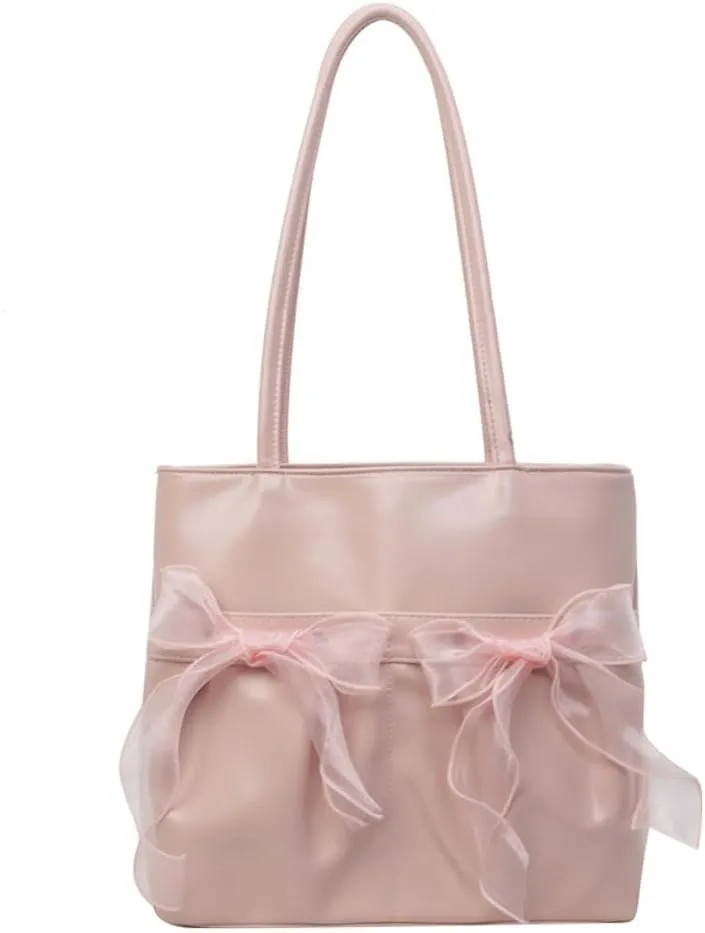 JHTPSLR Coquette Tote Bag Women Lace Ribbon Bow Tie Balletcore Leather Tote Bag Vanilla Aesthetic Shoulder Bag Hand Bags