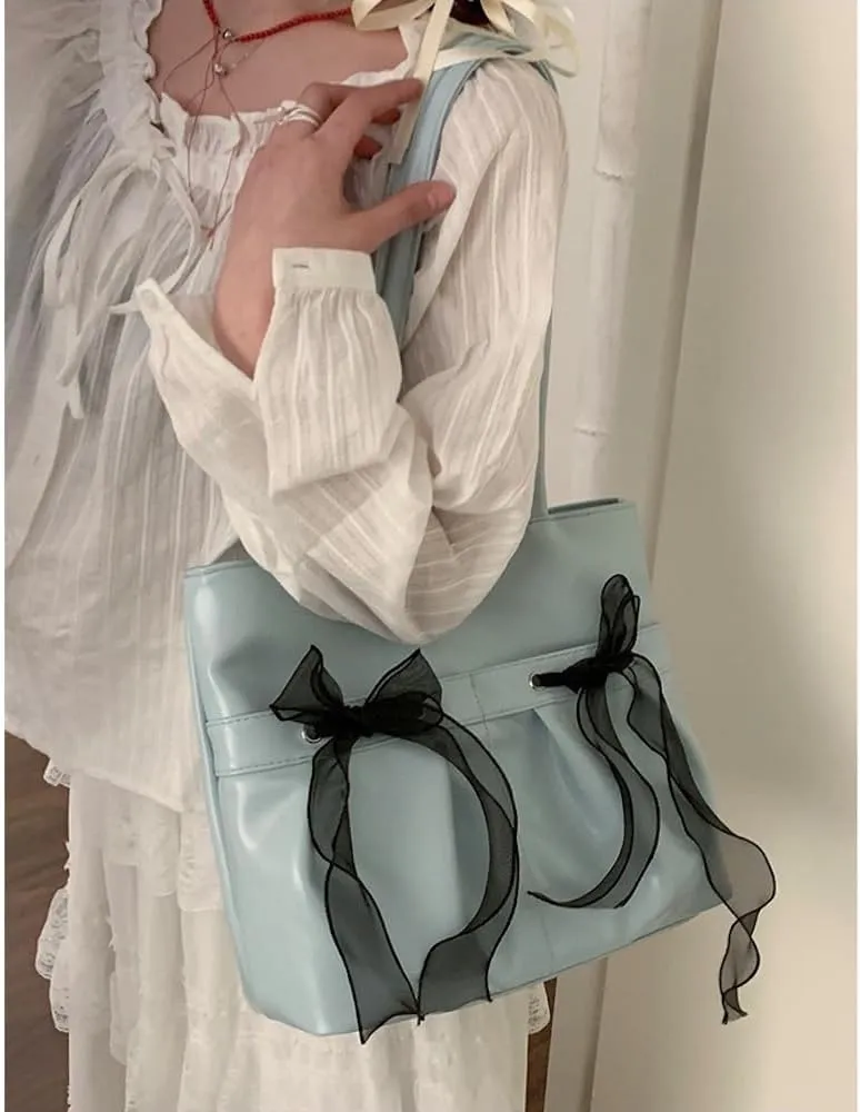 JHTPSLR Coquette Tote Bag Women Lace Ribbon Bow Tie Balletcore Leather Tote Bag Vanilla Aesthetic Shoulder Bag Hand Bags