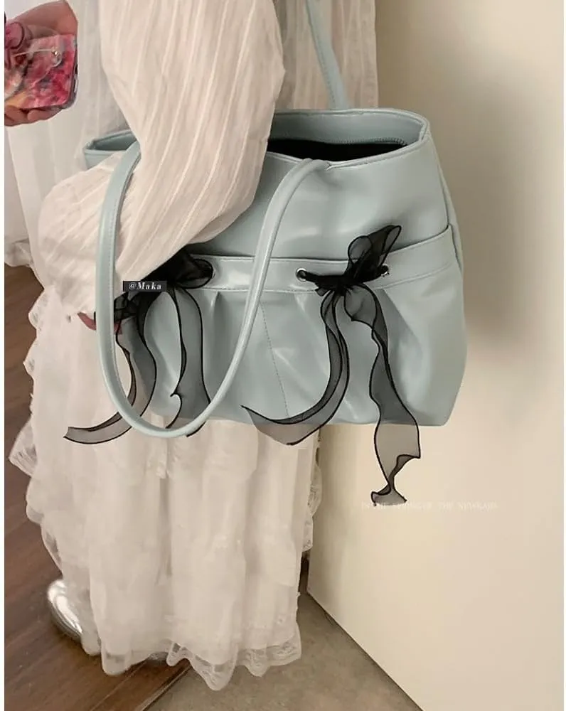 JHTPSLR Coquette Tote Bag Women Lace Ribbon Bow Tie Balletcore Leather Tote Bag Vanilla Aesthetic Shoulder Bag Hand Bags