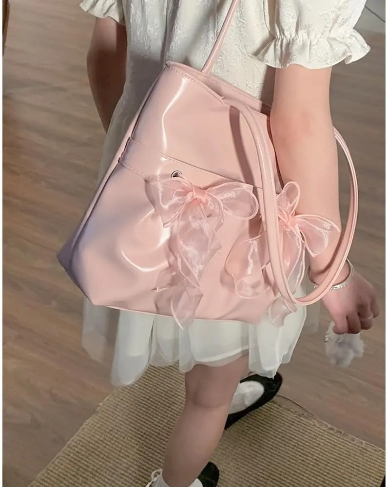 JHTPSLR Coquette Tote Bag Women Lace Ribbon Bow Tie Balletcore Leather Tote Bag Vanilla Aesthetic Shoulder Bag Hand Bags