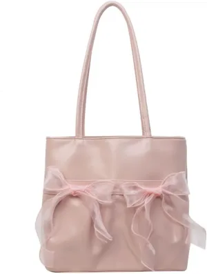 JHTPSLR Coquette Tote Bag Women Lace Ribbon Bow Tie Balletcore Leather Tote Bag Vanilla Aesthetic Shoulder Bag Hand Bags