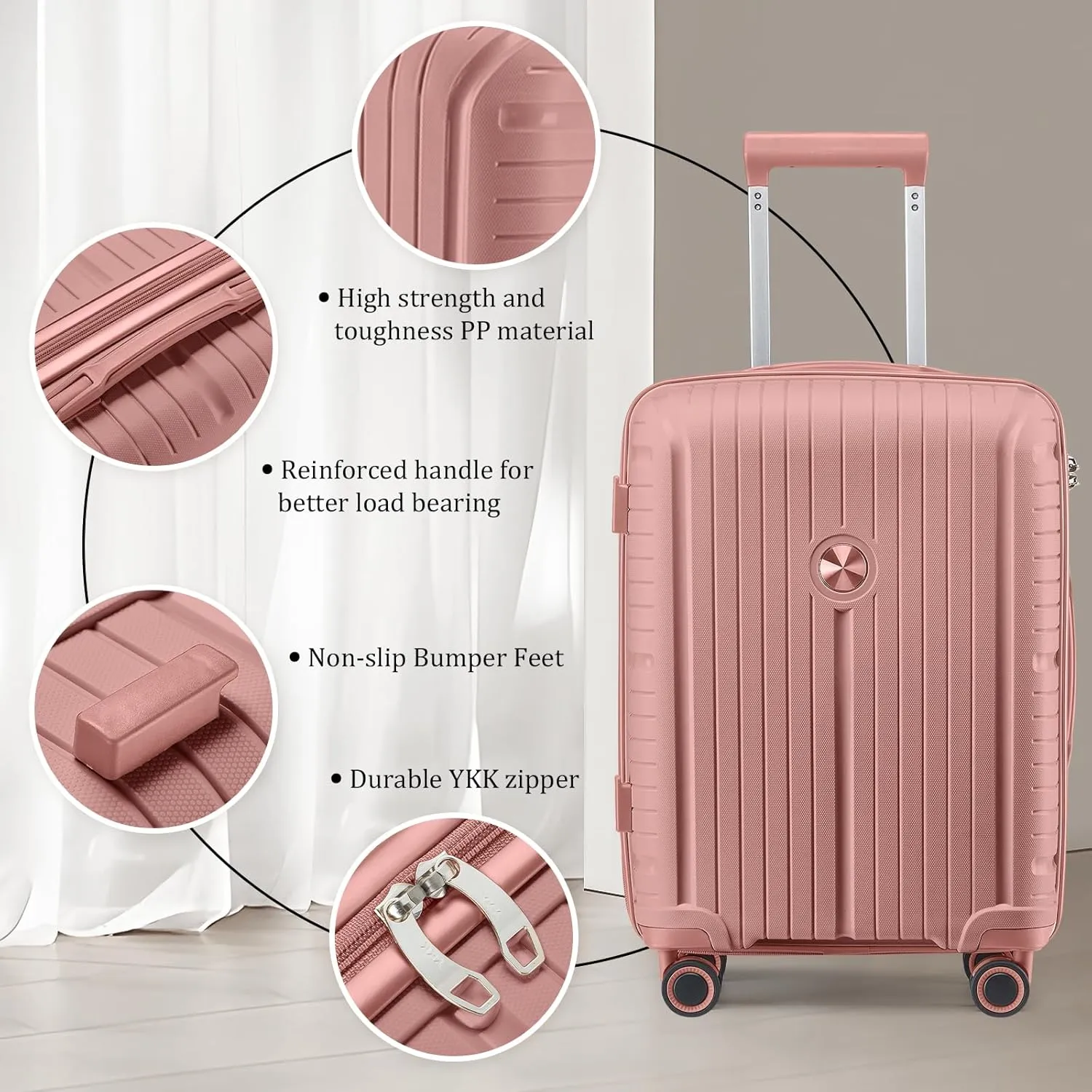 Joyway Luggage Sets 6 Piece PP Hardside Carry on Suitcase with Spinner Wheels and TSA Lock for Travel, Rose Gold