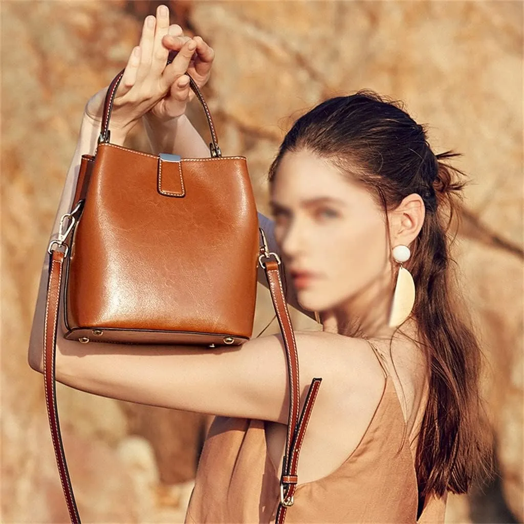 JSEIAJB Bag Women's Bag Wax Leather Leather Women's Bag Portable Bucket Bag Everything Sigle Shoulder Crossbody Bag