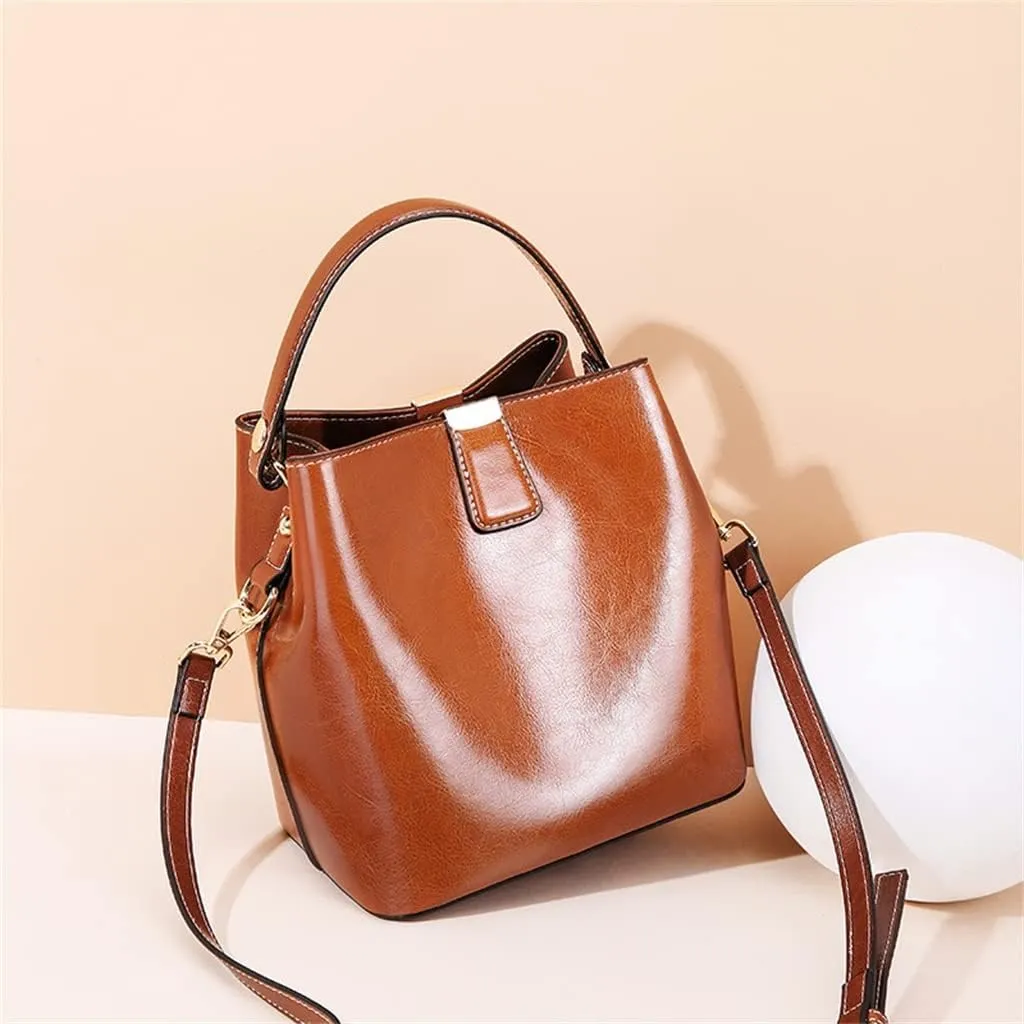 JSEIAJB Bag Women's Bag Wax Leather Leather Women's Bag Portable Bucket Bag Everything Sigle Shoulder Crossbody Bag