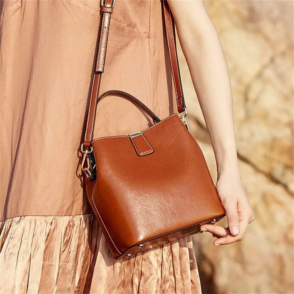JSEIAJB Bag Women's Bag Wax Leather Leather Women's Bag Portable Bucket Bag Everything Sigle Shoulder Crossbody Bag