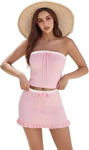 Juakoso Women 2 Piece Tube Tops Set Lace Trim Bow Off Shoulder Bandeau Mini Ruffle Skirts for Party Club