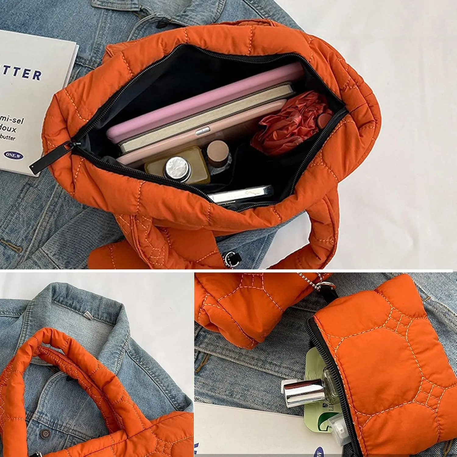 KARRESLY Quilted Tote Bag for Women Small Puffer Purse Quilted Nylon Padding Handbag with Wallet
