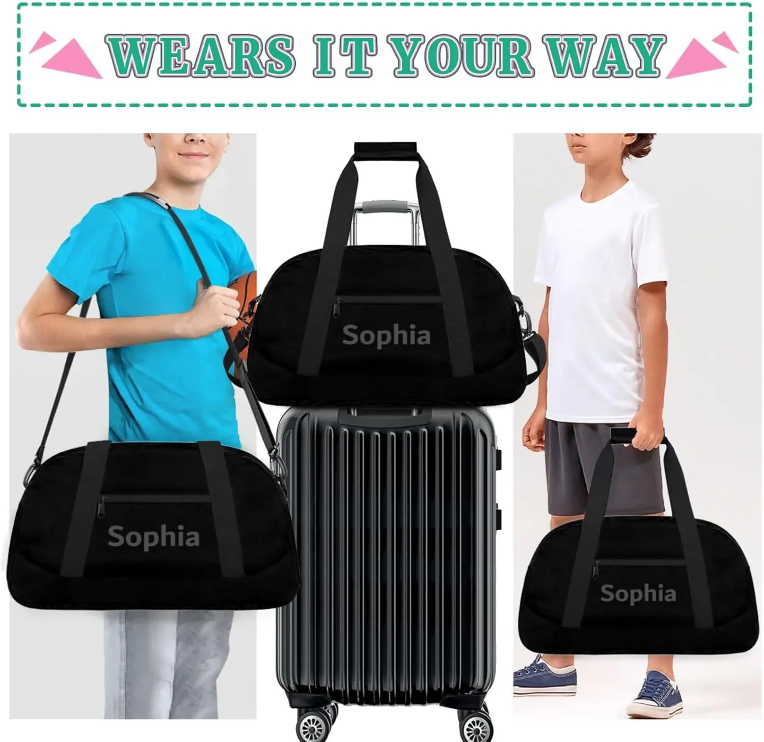 Kids-Duffel-Bag Small Dance-Bag for Girls Custom Gymnastics Bag for Boys Girls Kids Black