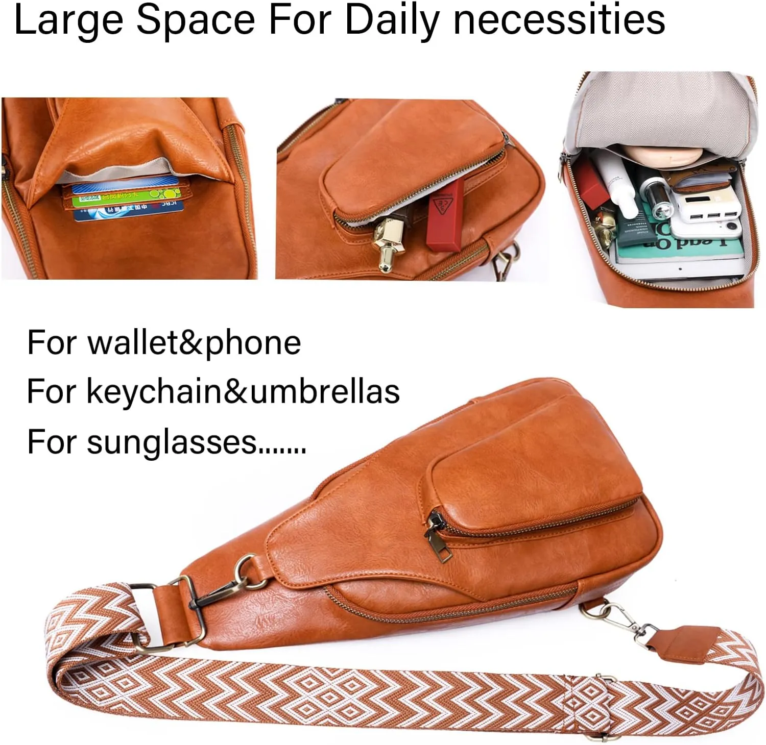 KlaOYer Sling Leather Bags For Women Crossbody Small Fanny Pack Purses Chest Bags With Guitar Strap For Gril Lady