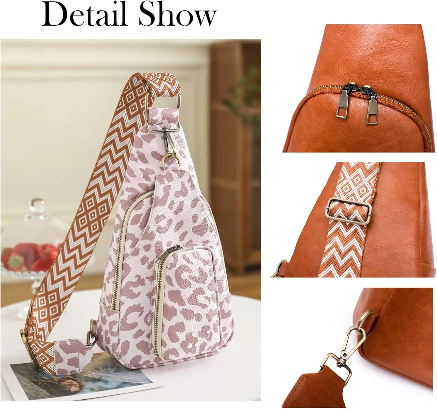 KlaOYer Sling Leather Bags For Women Crossbody Small Fanny Pack Purses Chest Bags With Guitar Strap For Gril Lady