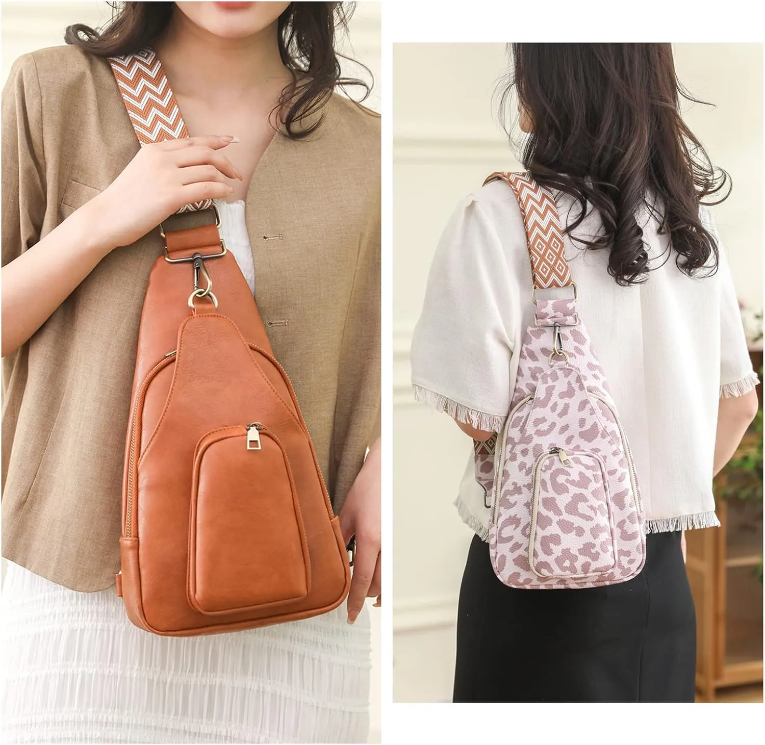 KlaOYer Sling Leather Bags For Women Crossbody Small Fanny Pack Purses Chest Bags With Guitar Strap For Gril Lady