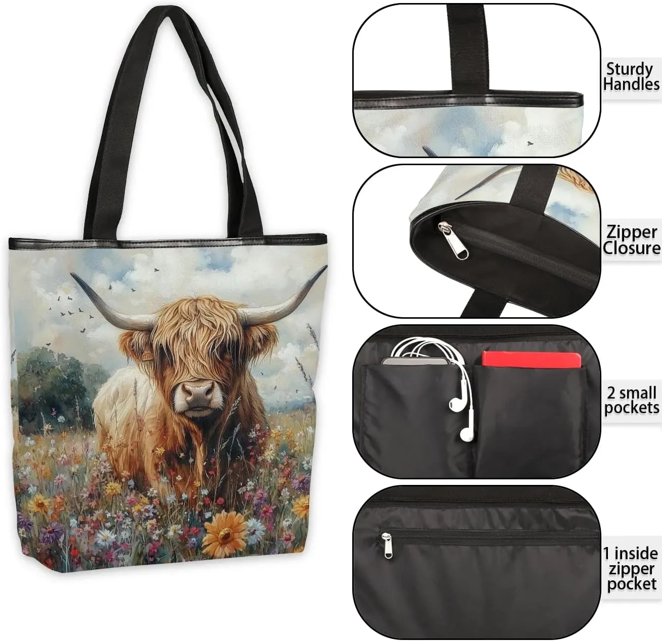 KOBLEN Canvas Tote Bag Reusable Grocery Bags Travel Storage Handbag with Zipper