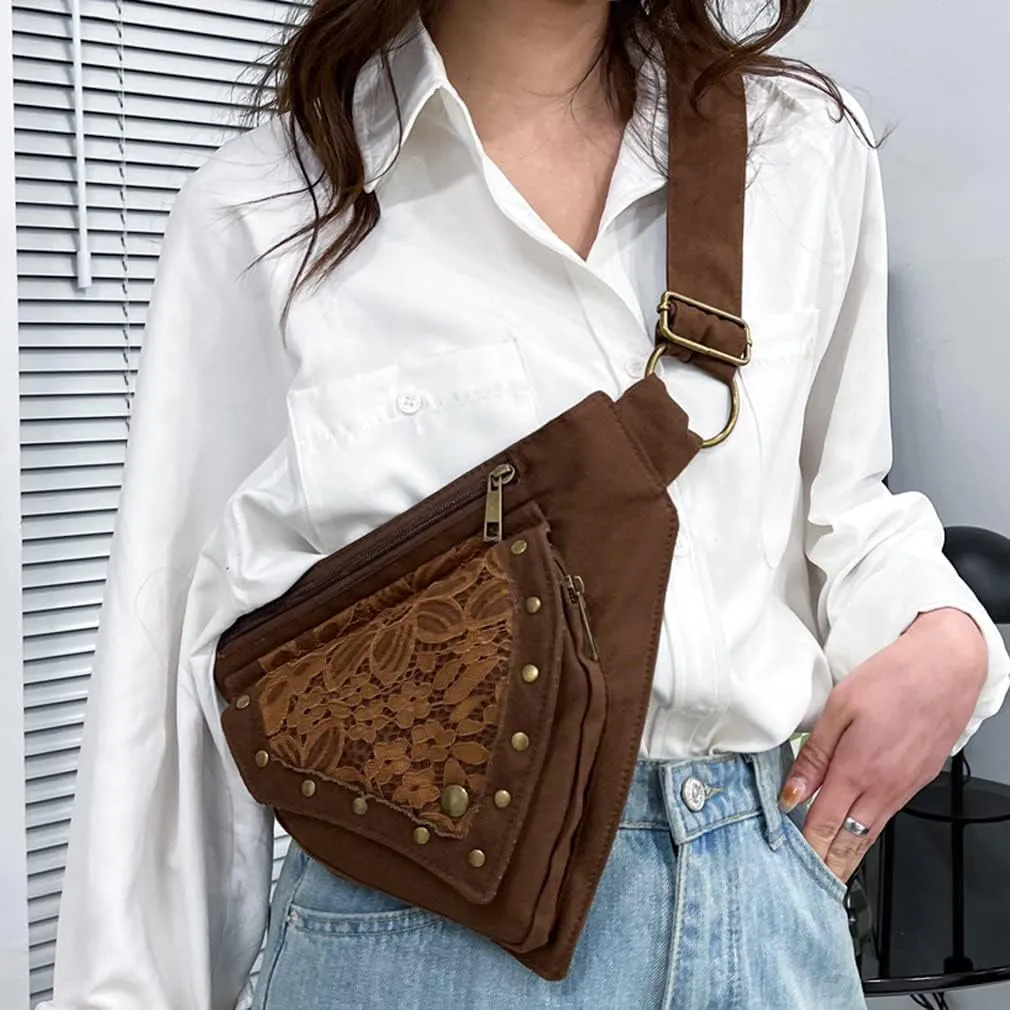 KPYWZER Thigh Drop Leg Bag for Women Men Fanny Pack Renaissance Faire Festival Lace Waist Bag Utility Hip Belt Waist Bags Womens Travel Outdoors Brown