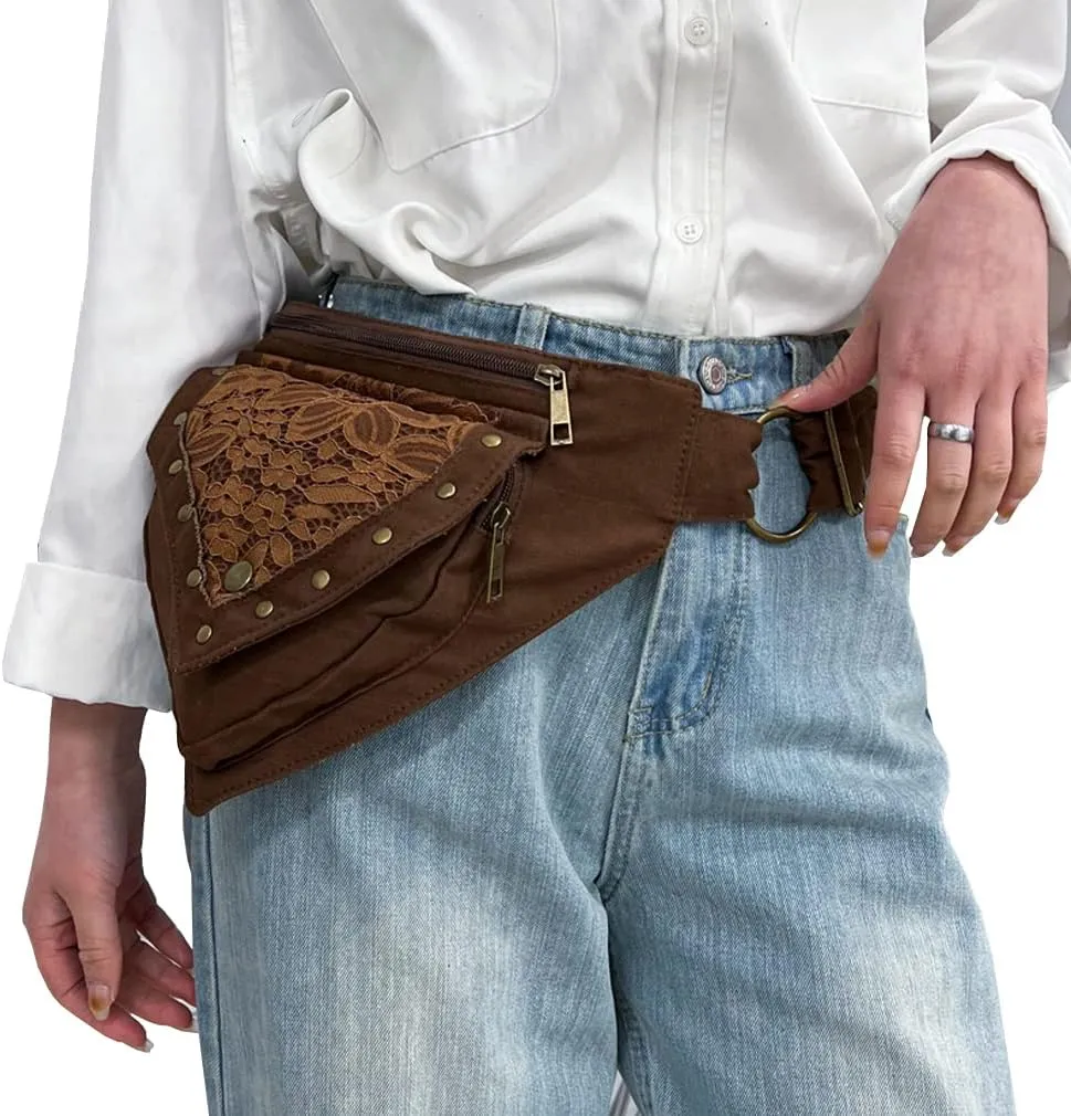 KPYWZER Thigh Drop Leg Bag for Women Men Fanny Pack Renaissance Faire Festival Lace Waist Bag Utility Hip Belt Waist Bags Womens Travel Outdoors Brown