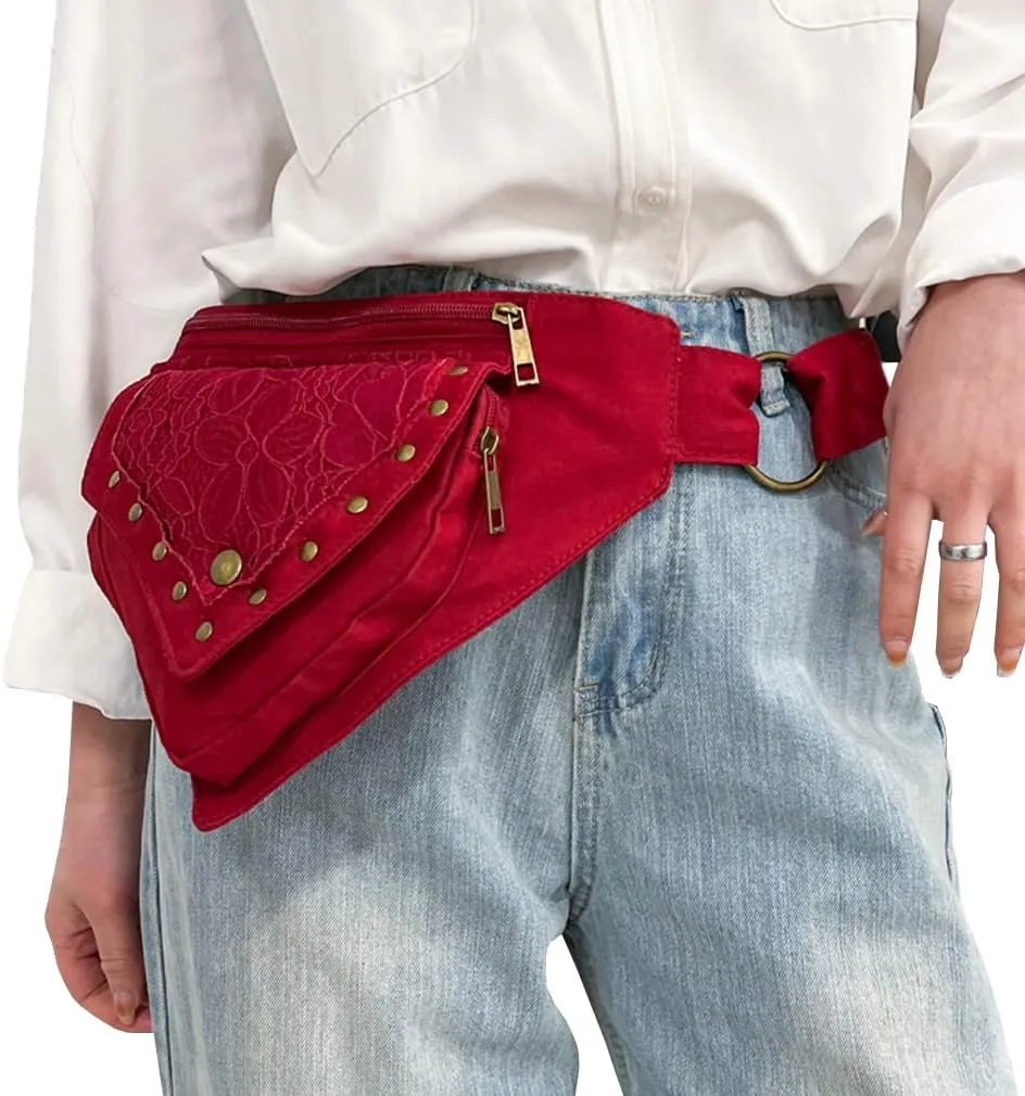 KPYWZER Thigh Drop Leg Bag for Women Men Fanny Pack Renaissance Faire Festival Lace Waist Bag Utility Hip Belt Waist Bags Womens Travel Outdoors Maroon