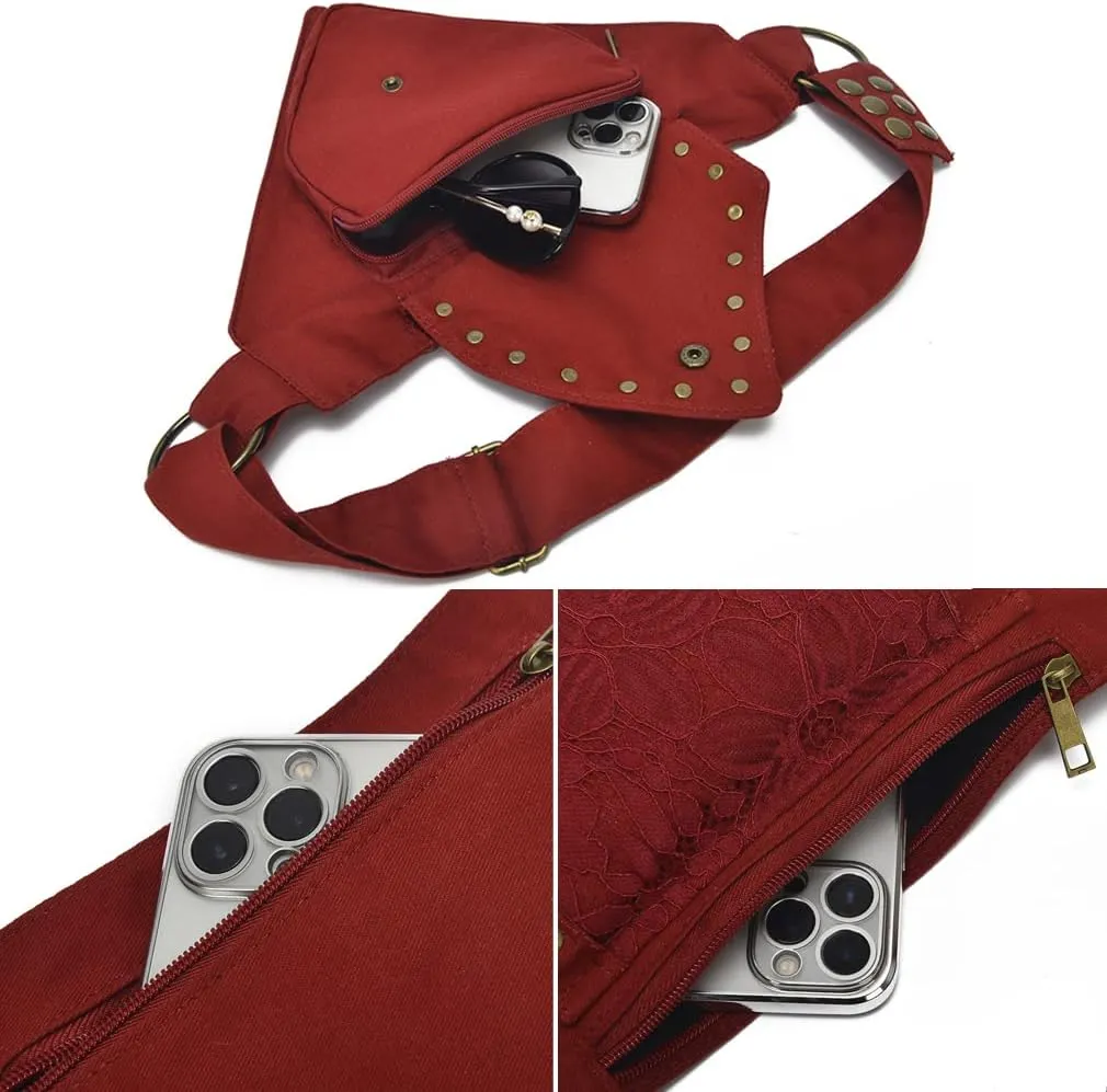 KPYWZER Thigh Drop Leg Bag for Women Men Fanny Pack Renaissance Faire Festival Lace Waist Bag Utility Hip Belt Waist Bags Womens Travel Outdoors Maroon