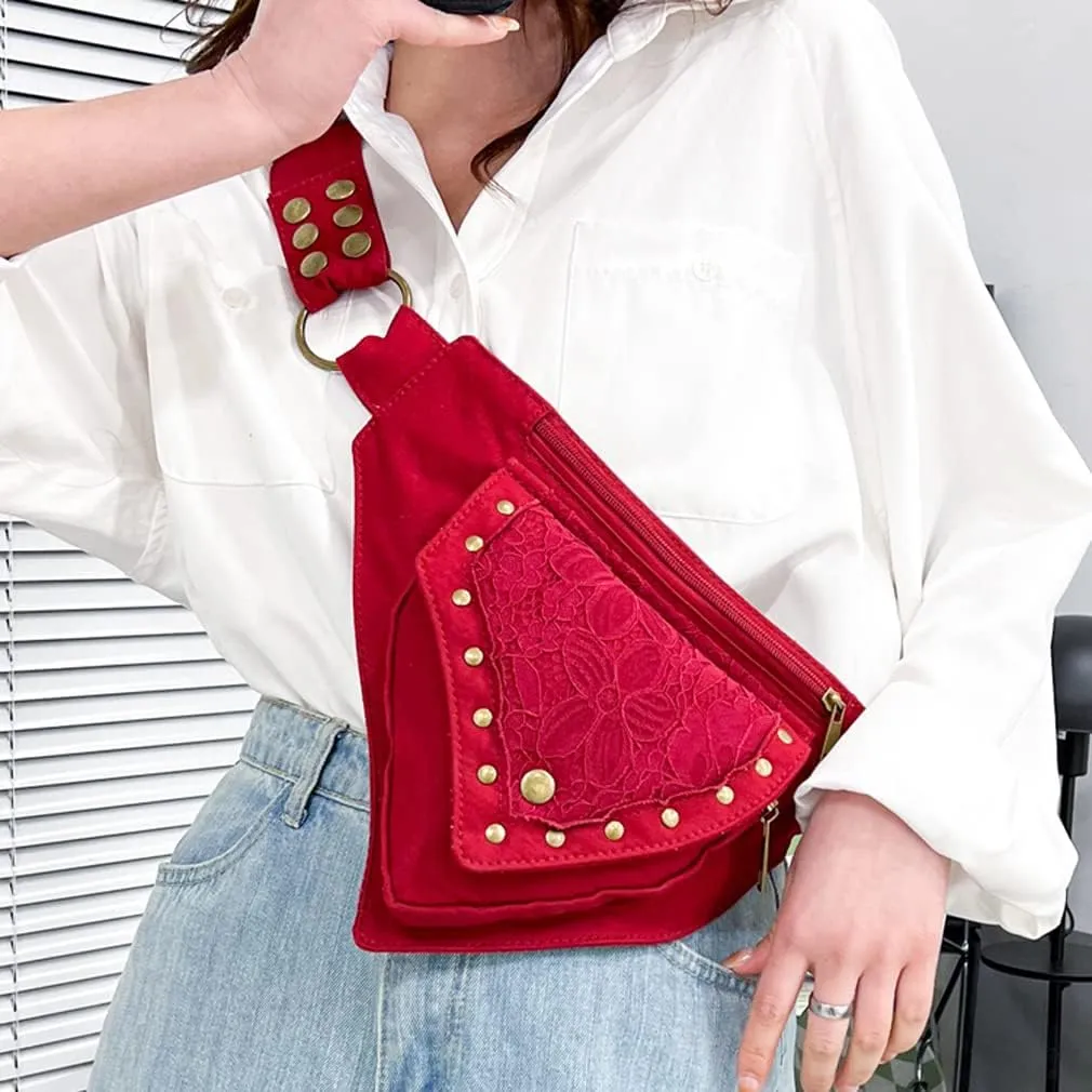 KPYWZER Thigh Drop Leg Bag for Women Men Fanny Pack Renaissance Faire Festival Lace Waist Bag Utility Hip Belt Waist Bags Womens Travel Outdoors Maroon