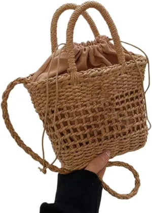 Lace Floral Straw Bag Bucket Shoulder Bag Crossbody Bags for Women Girls