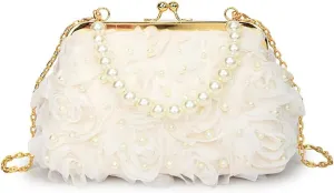 Lace Rose Pearl Fairy Flower Beaded Handbag, Sweet Floral Top Handle Clutch Purse, Novelty Kiss Lock Party Prom Shoulder Bag