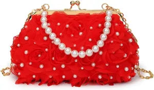 Lace Rose Pearl Fairy Flower Beaded Handbag, Sweet Floral Top Handle Clutch Purse, Novelty Kiss Lock Party Prom Shoulder Bag