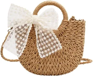Ladies hand-woven rattan straw bow tote bag, summer retro beach messenger bag, fashionable, 10.23in