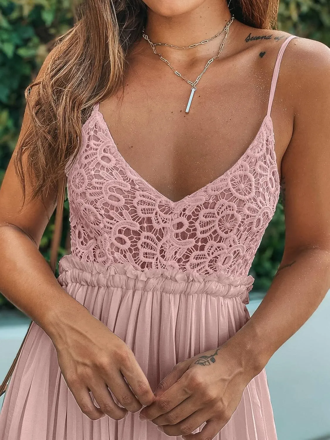 Ladmous Women's V Neck Floral Lace Wedding Dress Sleeveless Bridesmaid Evening Party Maxi Dress