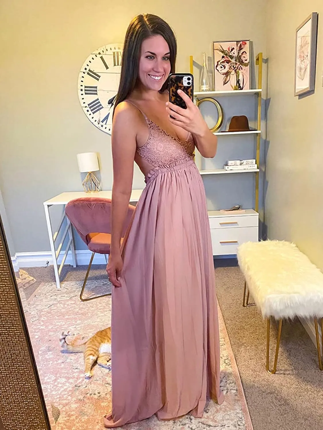 Ladmous Women's V Neck Floral Lace Wedding Dress Sleeveless Bridesmaid Evening Party Maxi Dress