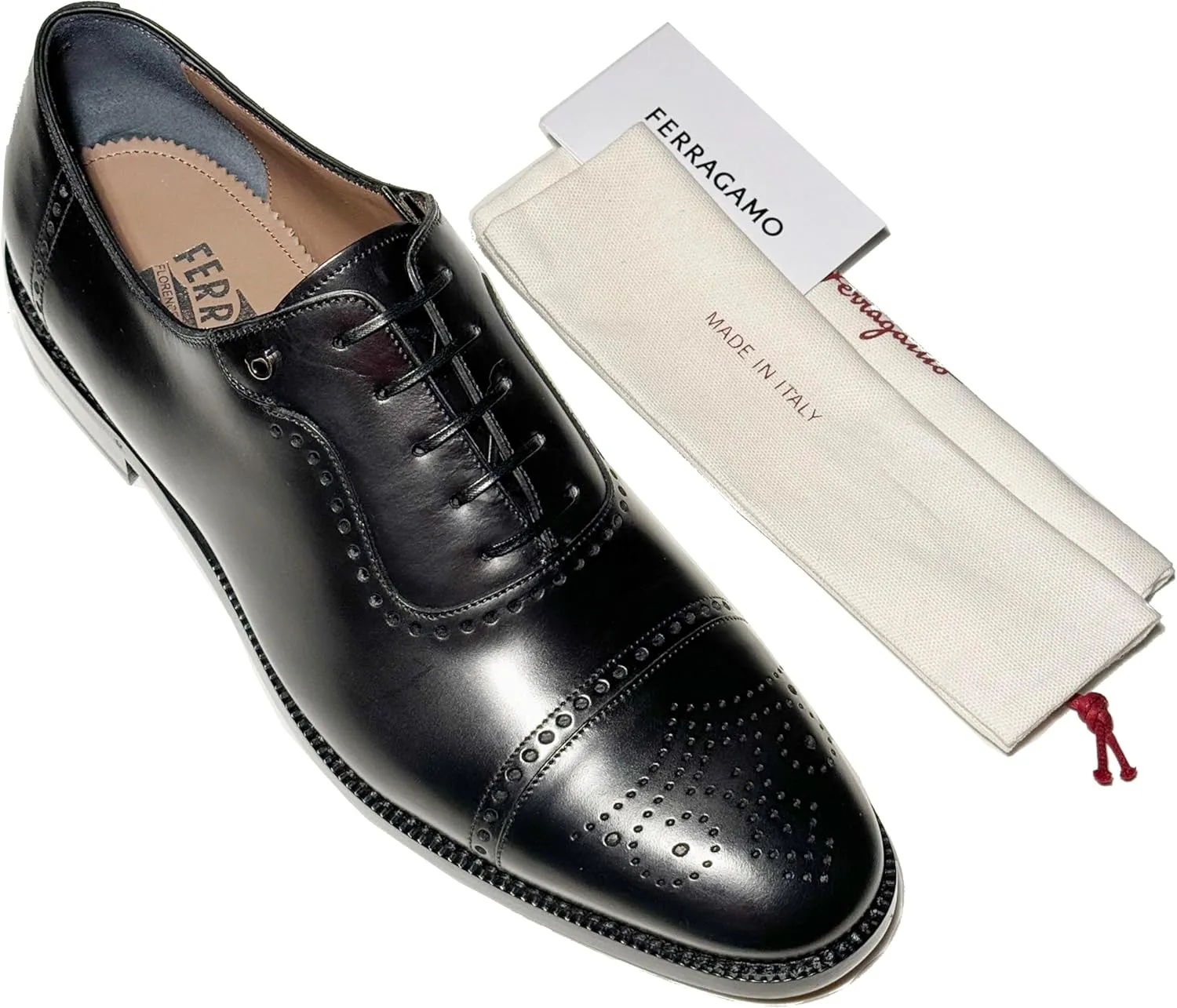 LANNON Black Leather Cap Toe Brogue Gancini Oxford Men's Dress Shoes, Nero