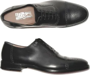 LANNON Black Leather Cap Toe Brogue Gancini Oxford Men's Dress Shoes, Nero