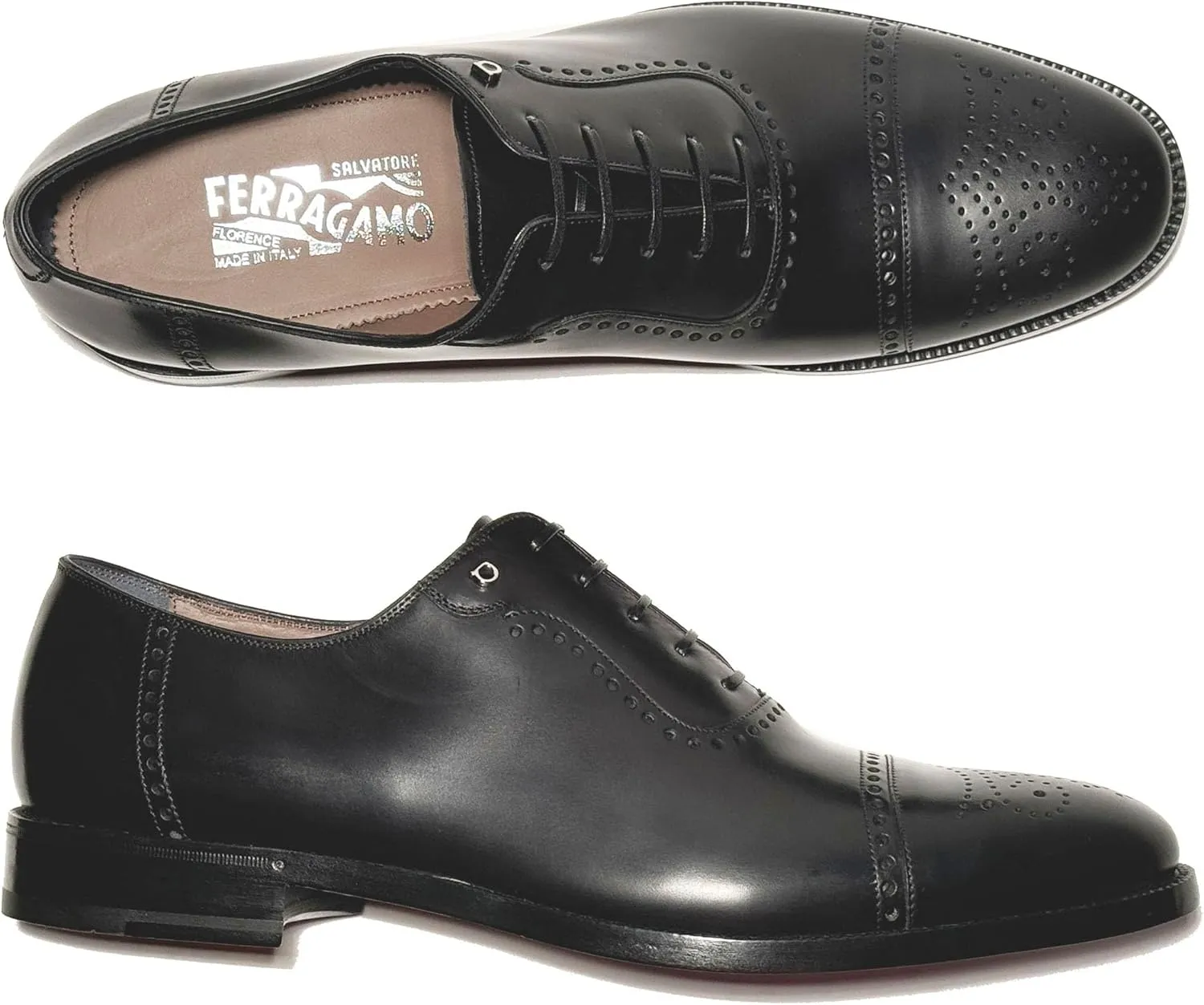 LANNON Black Leather Cap Toe Brogue Gancini Oxford Men's Dress Shoes, Nero