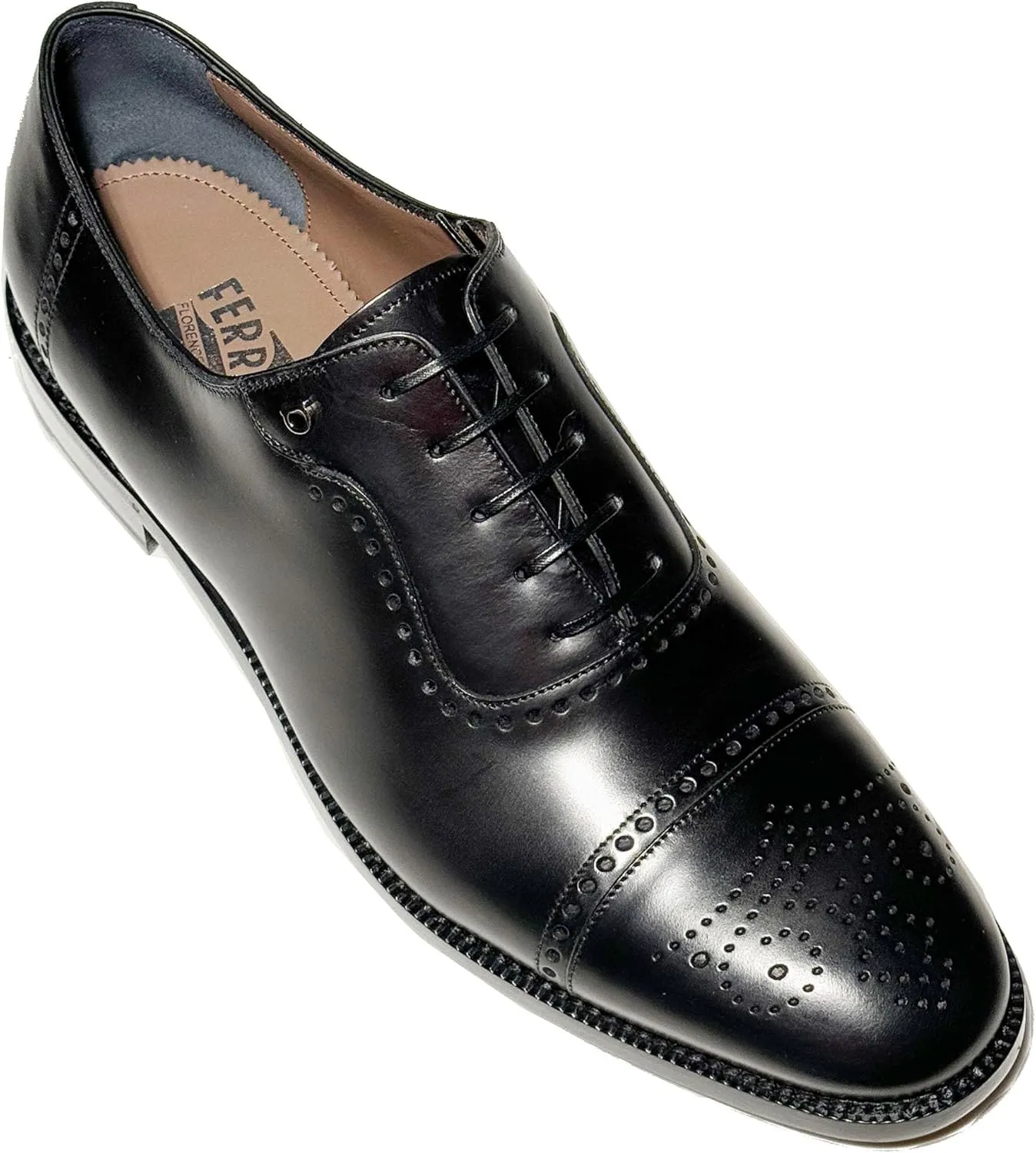 LANNON Black Leather Cap Toe Brogue Gancini Oxford Men's Dress Shoes, Nero