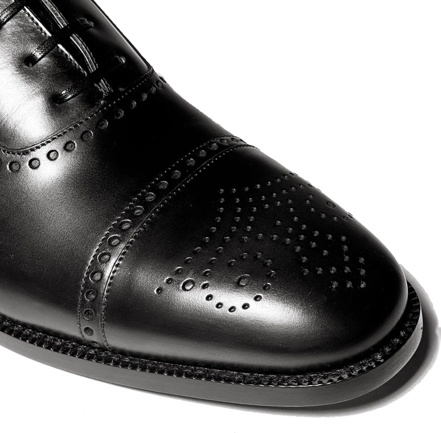 LANNON Black Leather Cap Toe Brogue Gancini Oxford Men's Dress Shoes, Nero