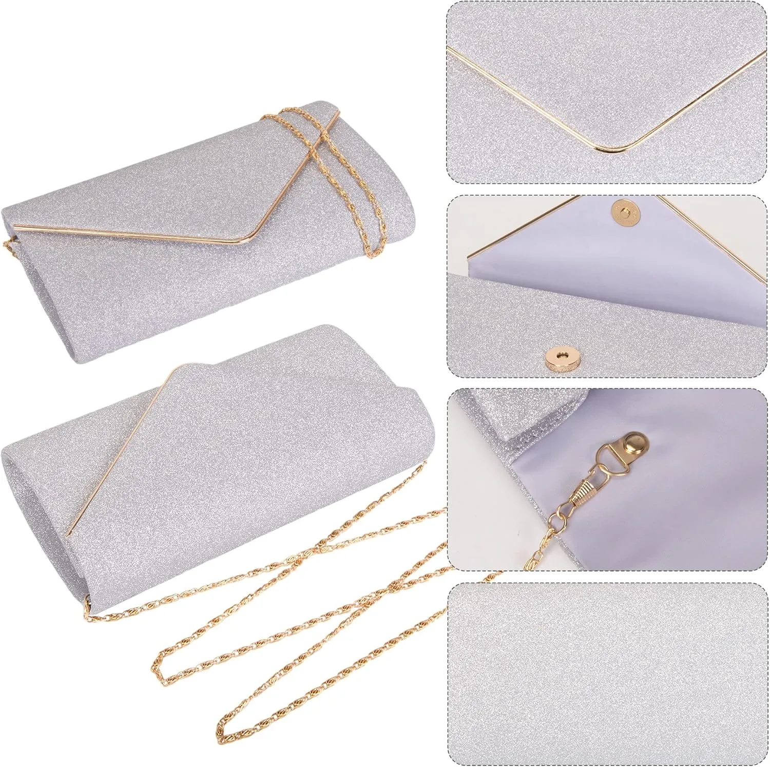 Larcenciel Clutch Purses for Women, Sparkling Envelope Evening Bag with Detachable Chain