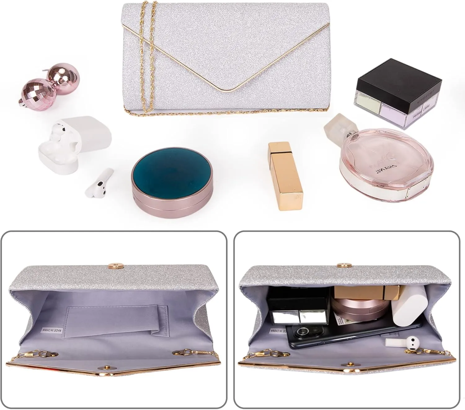 Larcenciel Clutch Purses for Women, Sparkling Envelope Evening Bag with Detachable Chain