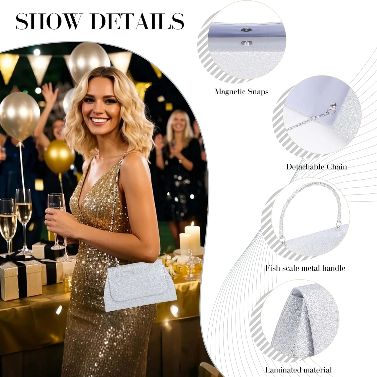 Larcenciel Women's Evening Handbags, Glitter Top Handle Evening Clutch Purse w/Chain for Party Prom Wedding Cocktail Club
