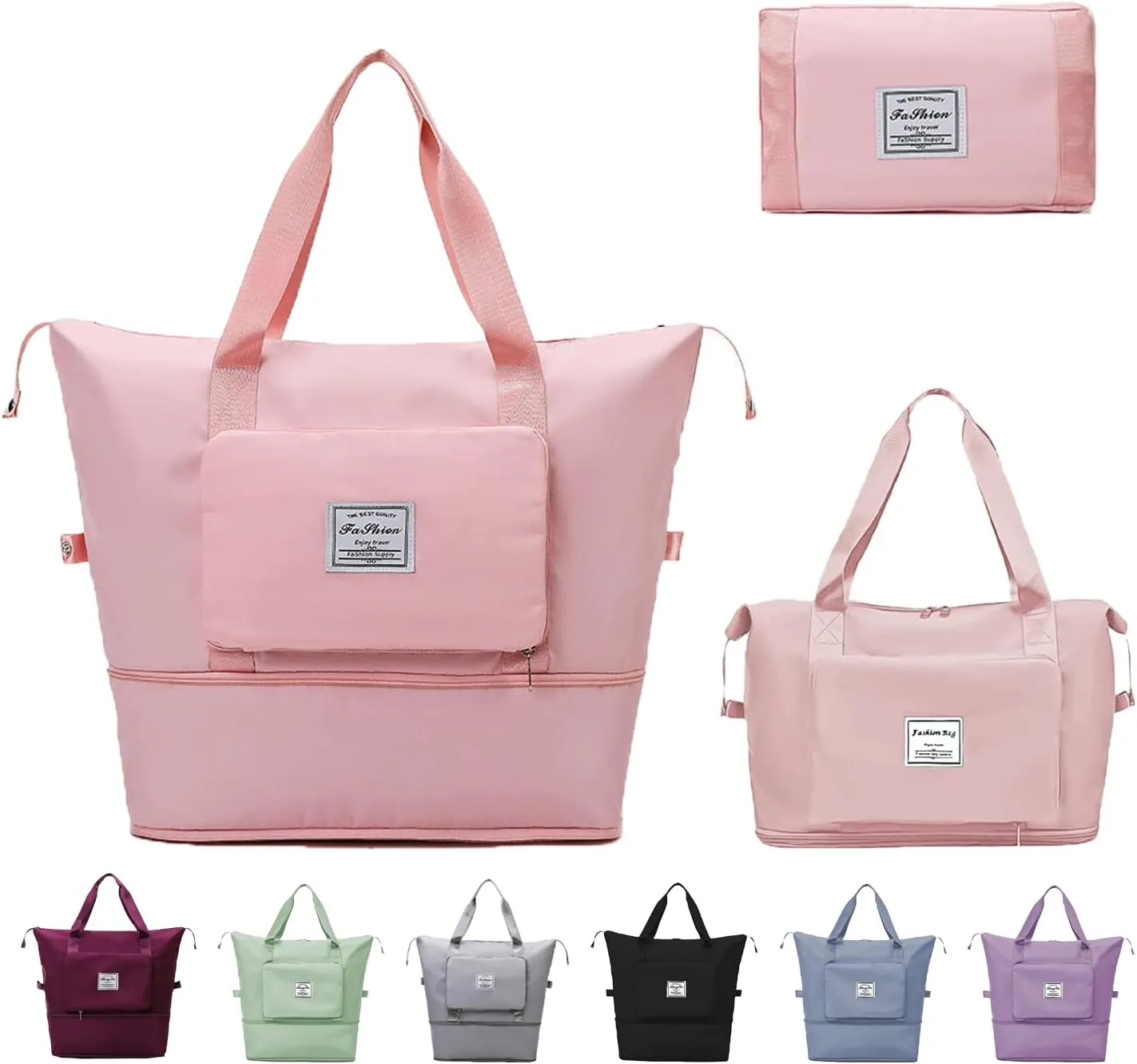 Large Capacity Travel Bag, Expandable Foldable Travel Duffel Bag, Dry and Wet Separation Portable Travel Duffel Bag, Overnight Bag for Women and Man (Pink)