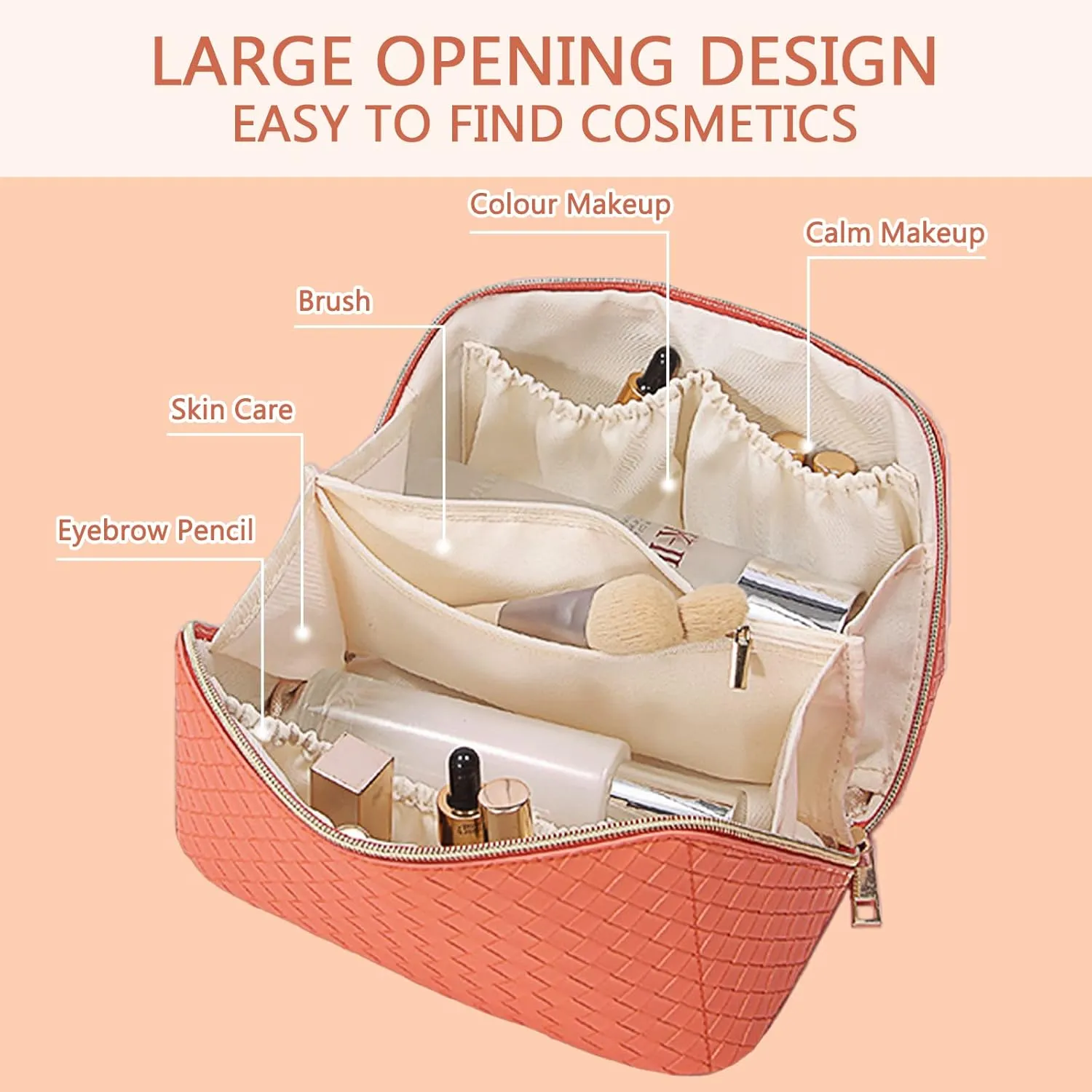Large Capacity Travel Cosmetic Bag with Compartment - Waterproof PU Leather Portable Checkered Makeup Organizer Bag for Women and Girls - Orange