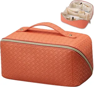 Large Capacity Travel Cosmetic Bag with Compartment - Waterproof PU Leather Portable Checkered Makeup Organizer Bag for Women and Girls - Orange