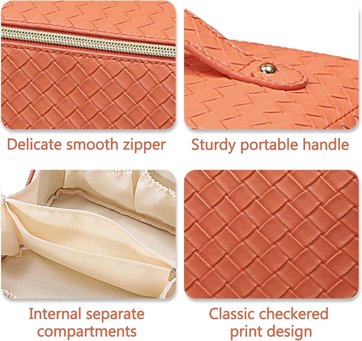 Large Capacity Travel Cosmetic Bag with Compartment - Waterproof PU Leather Portable Checkered Makeup Organizer Bag for Women and Girls - Orange