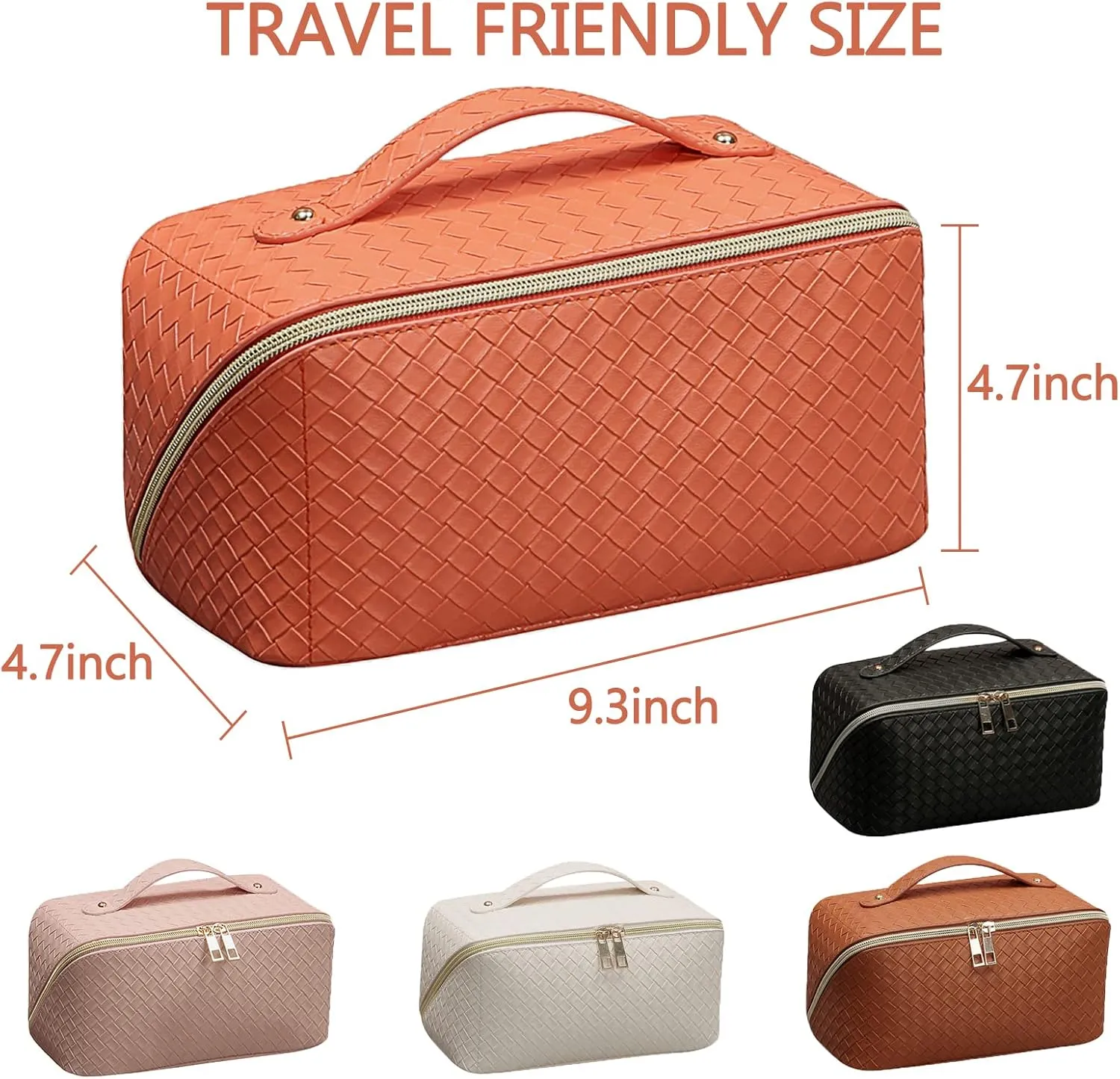 Large Capacity Travel Cosmetic Bag with Compartment - Waterproof PU Leather Portable Checkered Makeup Organizer Bag for Women and Girls - Orange