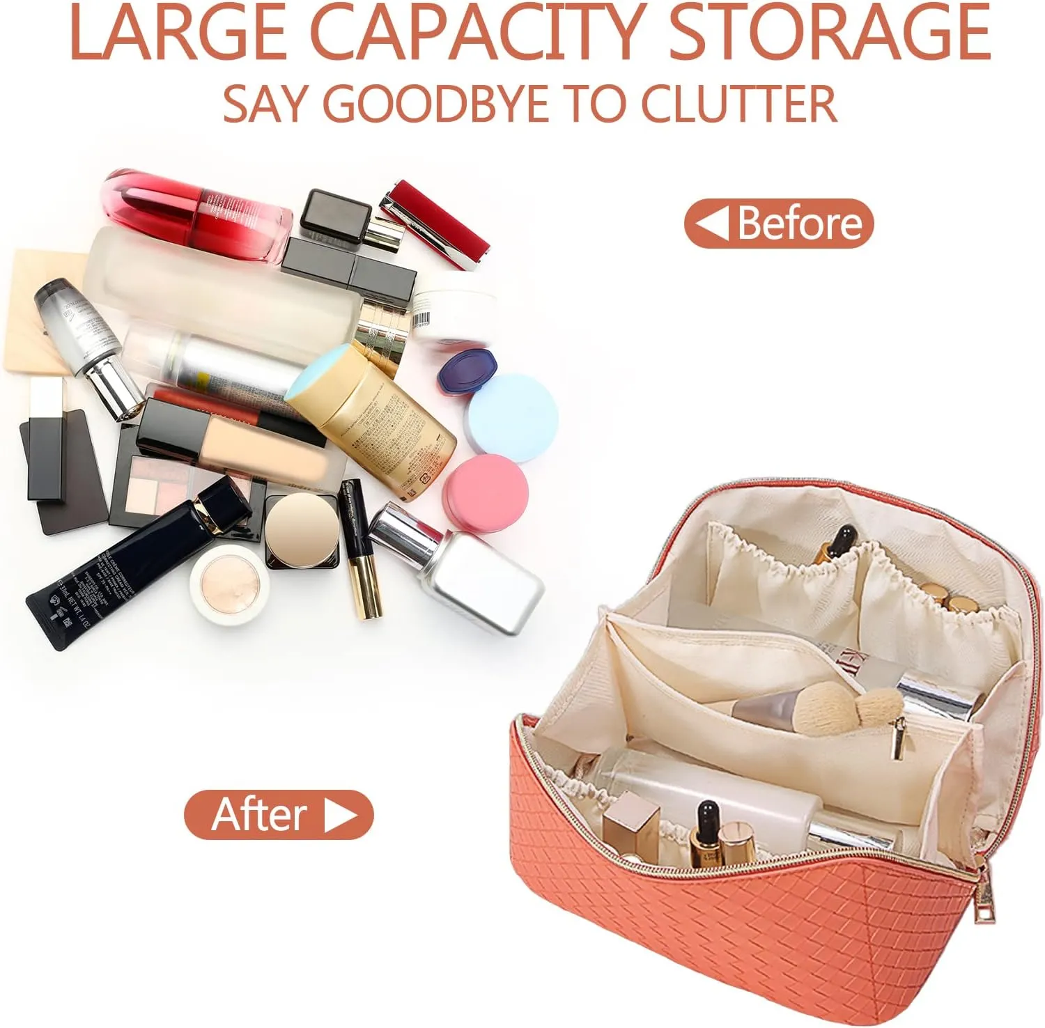 Large Capacity Travel Cosmetic Bag with Compartment - Waterproof PU Leather Portable Checkered Makeup Organizer Bag for Women and Girls - Orange