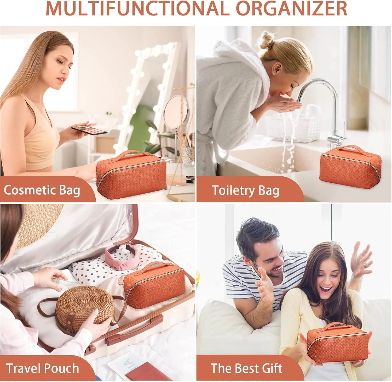 Large Capacity Travel Cosmetic Bag with Compartment - Waterproof PU Leather Portable Checkered Makeup Organizer Bag for Women and Girls - Orange