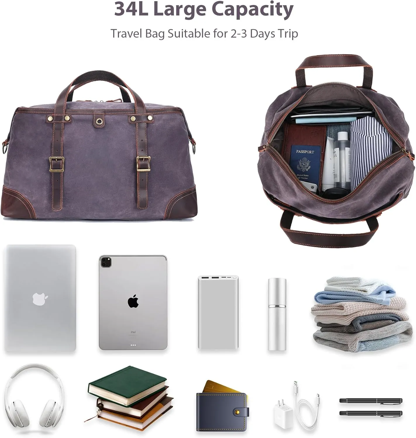 Large Capacity Waterproof Waxed Canvas & Genuine Leather Travel Duffel Bag,TSA Friendly - Grey